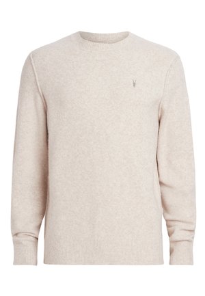 Beige Strickpullover mit Rundhals, gerippten Bündchen und Saum. Verfügt über ein kleines gesticktes Logo auf der linken Brust. Weiche Textur.
