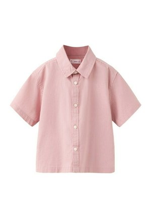 Kortærmet skjorte med knapper i lyserød med klassisk krave og hvide knapper, vist mod en hvid baggrund.