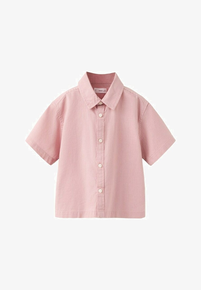 Chemise à manches courtes, boutonnée, de couleur rose clair avec un col classique et des boutons blancs, présentée sur un fond blanc.