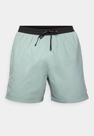 Lys grønne badeshorts med en sort elastisk talje og justerbar snøre. Glat tekstur, knælangt design, og ingen synlige lommer.