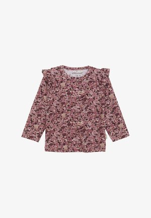 Langärmliges Oberteil mit pinkem Blumenmuster, das Rüschenakzente an den Schultern und einen runden Halsausschnitt aufweist, aus weichem Stoff gefertigt.