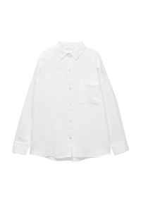 Camicia bianca con bottoni realizzata in tessuto leggero. Presenta un colletto a punta, maniche lunghe e una tasca sul petto. Silhouette dritta.