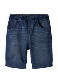 Tumšzilas džinsi šorti ar elastīgu jostu un aukliņu, divām priekšējām kabatām un taisnu kāju dizainu.