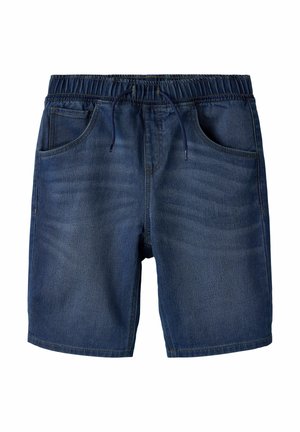 Džínové šortky s elastickým pásom, šnúrkou, päťvreckovým dizajnom a tmavomodrou úpravou. Má jemné vyblednutie pre textúru.