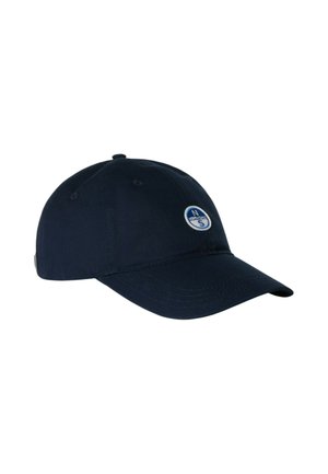 Cappellino da baseball blu navy con visiera curva e patch rotondo con il logo "North S" in blu e bianco sul davanti.