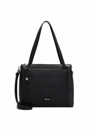 Black faux leather handbag with dual top handles and a detachable shoulder strap. Rectangular shape, smooth texture, featuring a silver logo accent.