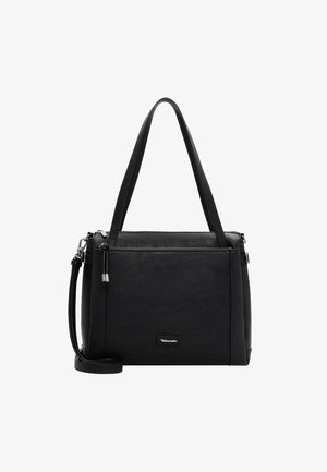 Zwarte neplederen handtas met dubbele bovenhandvatten en een afneembare schouderriem. Rechthoekige vorm, gladde textuur, met een zilveren logo-accent.