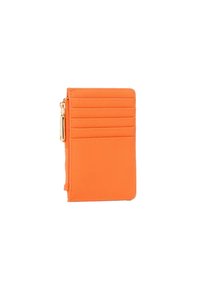 Portafoglio in pelle arancione con chiusura a zip, cinque scomparti per carte, texture liscia e cursore della zip color oro. Design compatto e rettangolare.
