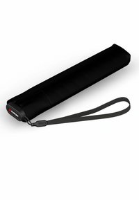 Ombrello pieghevole nero con manico curvo, dotato di un cinturino da polso e di un esterno in tessuto liscio. Design compatto per la portabilità.