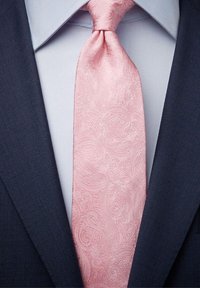 Vaatepinta, knotted kaulassa, vaaleansinisen paidan ja tumman pukuun takin päällä.