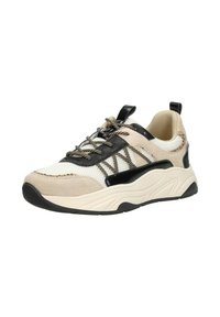 Beige en zwarte sneaker van mesh en suède materialen, met gemêleerde accenten, patroonveters en een gevoerde zool.