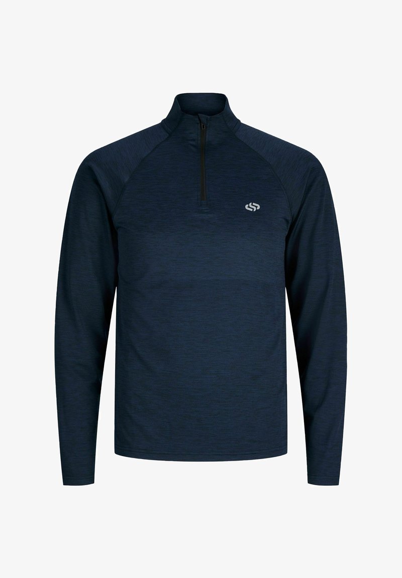 Haut de sport bleu marine à manches longues avec un col à fermeture zippée au quart et un petit logo blanc sur la poitrine gauche.