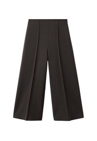 Pantalons à jambes larges en tissu marron foncé, avec des plis à la taille et une texture lisse. Le design offre une coupe ample.