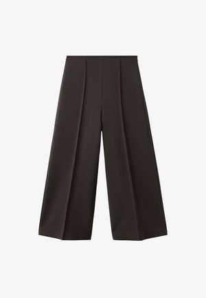 Wide-leg trousers in dark brown fabric, featuring pleats at the waistband and a smooth texture. The design offers a loose fit.
