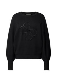 Maglione nero lavorato a maglia con una vestibilità ampia, scollatura rotonda e maniche lunghe; presenta un logo nero in rilievo sul davanti.