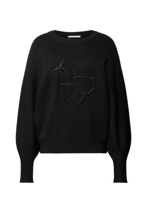 Maglione nero lavorato a maglia con una vestibilità ampia, scollatura rotonda e maniche lunghe; presenta un logo nero in rilievo sul davanti.