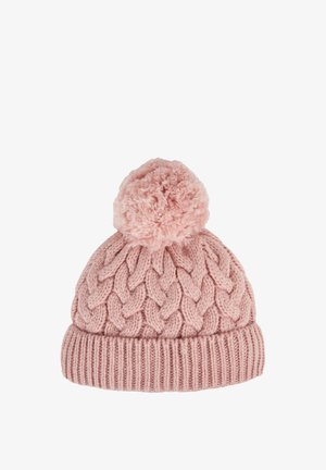 Gebreide roze beanie met een grote, pluizige pompon. Voorzien van een textuur met gevlochten patroon en een geribbelde boord aan de onderkant.