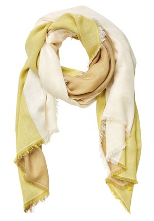 Leichter Schal aus weichem Stoff in Beige-, Braun- und blassgelben Tönen, locker gefaltet mit fransigen Rändern.