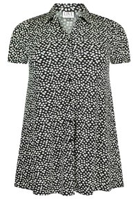 Black short-sleeve dress featuring a white floral pattern, collared neckline, button front, and flared skirt design. Soft fabric texture.