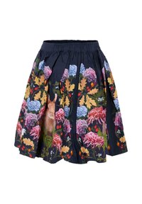 Gonna floreale con sfondo blu navy, caratterizzata da fiori vivaci, foglie e una grafica di coniglio. Realizzata in tessuto leggero con vita elasticizzata.