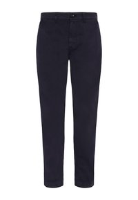 Granatowe bawełniane spodnie o prostym kroju, z zapięciem na guzik i kieszeniami z przodu. Gładka tekstura, brak widocznych wzorów lub akcentów.