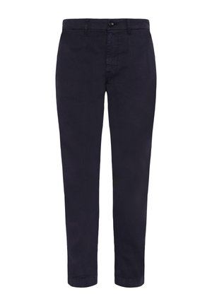 Pantaloni in cotone blu navy con taglio dritto, chiusura con bottone e tasche frontali. Tessuto liscio, senza motivi o dettagli visibili.