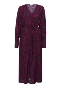 Long, v-neck dress in a pink and black zebra print. Features long sleeves, a waist tie, and a flowing silhouette with a slit.