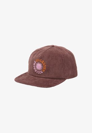 Braune Cord-Baseballkappe mit flachem Schirm und rundem pink-orange besticktem Design auf dem Vorderteil.