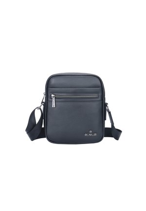 Borsa a tracolla nera in pelle con superficie texture, forma rettangolare, tasca frontale con zip e tracolla regolabile.