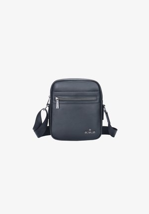 Borsa a tracolla nera in pelle con superficie texture, forma rettangolare, tasca frontale con zip e tracolla regolabile.
