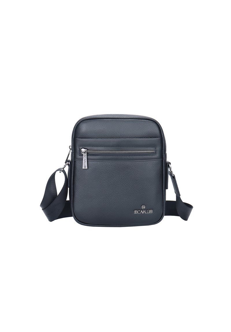 Borsa a tracolla nera in pelle con superficie texture, forma rettangolare, tasca frontale con zip e tracolla regolabile.