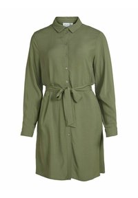 Olivgrön skjortklänning med krage, långa ärmar, knappar framtill och ett knutet midjebälte. Gjord av ett mjukt, lätt tyg.