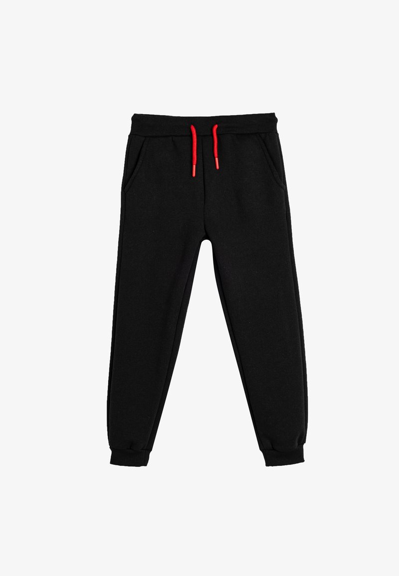 Black sweatpants made of soft fabric with two side pockets, elastic waistband, and red drawstrings. Cuffed ankles for a tapered fit.