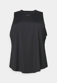 Melna bez piedurknēm sporta krekla forma, izgatavota no viegla materiāla, ar apaļu kakla izgriezumu un smalku zilo Nike logo priekšpusē.
