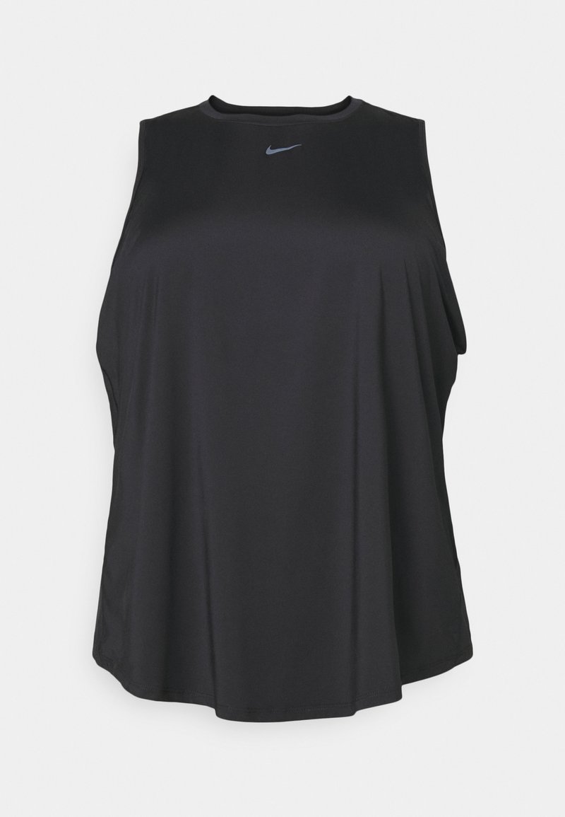 Melna bez piedurknēm sporta krekla forma, izgatavota no viegla materiāla, ar apaļu kakla izgriezumu un smalku zilo Nike logo priekšpusē.