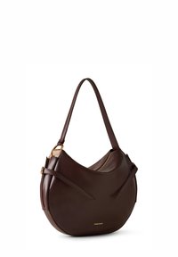 Borsa a spalla in pelle marrone con una silhouette curva, dotata di una cerniera dorata e dettagli della tracolla, texture liscia e logo.