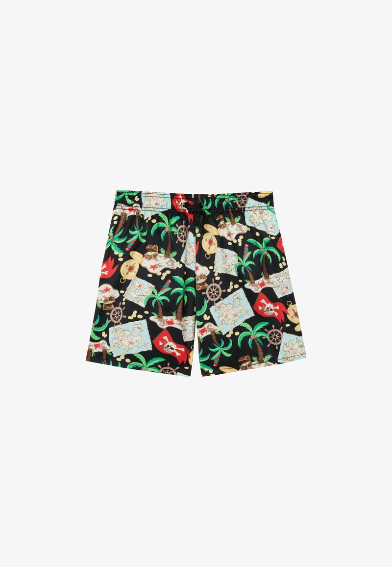 Black swim shorts featuring a pirate-themed pattern with maps, palm trees, and treasures. Elastic waistband with a drawstring for fit.