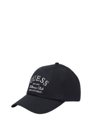 Cappellino da baseball in cotone nero con visiera curva, dotato di testo ricamato bianco: "GUESS EST.1981 Wellness Club" e "SHOULD LOVE FIRST."