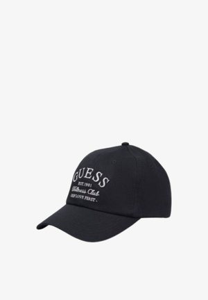 Cappellino da baseball in cotone nero con visiera curva, dotato di testo ricamato bianco: "GUESS EST.1981 Wellness Club" e "SHOULD LOVE FIRST."