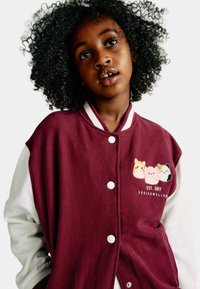 Burgundská a bílá varsity bunda s třemi vyšitými designy zvířecích plyšáků na hrudi a bílými cvoky na přední straně.