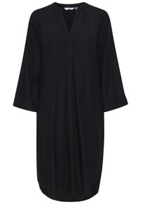 Robe tunique noire en tissu doux, dotée d'un décolleté en V, de manches trois-quarts et d'une coupe décontractée avec un ourlet arrondi.