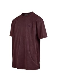 Burgunderfarbendes Baumwoll-T-Shirt mit kurzen Ärmeln, rundem Halsausschnitt, dezentem Logo auf der Brust und lockerem Schnitt. Weiche Textur mit minimalen Nähten.