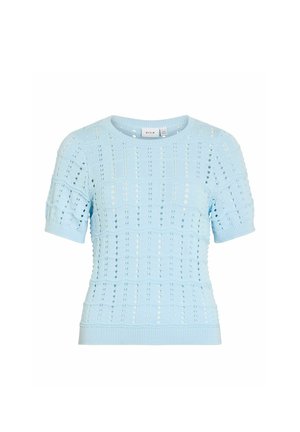 Pull en maille bleu clair à manches courtes avec col rond et motif ajouré, poignets et ourlet côtelés, étiquette "VILA" à l'intérieur du col.