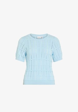 Pull en maille bleu clair à manches courtes avec col rond et motif ajouré, poignets et ourlet côtelés, étiquette "VILA" à l'intérieur du col.