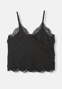 Sort camisole-top med justerbare stropper, med en bølget blondekant langs udskæringen og kanten, lavet af blødt stof.