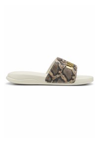 Sandal med glidestræk, der har en slangemønstret rem i nuancer af brun og beige, med en gylden detalje, samt en tekstureret hvid sål.