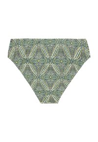 Plavkové nohavičky so vzorom, ktoré majú zelený kvetinový a geometrický dizajn, s hladkým povrchom a elastickým pásom.