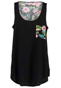 Débardeur noir sans manches avec une poche florale colorée et une doublure assortie à motif floral à l'intérieur du col.