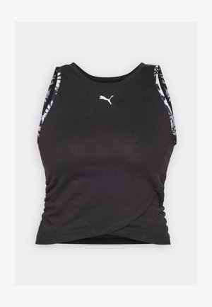 Top desportivo preto com um design ajustado. Apresenta tecido estampado nos ombros e um pequeno logótipo branco na parte da frente. Textura suave.