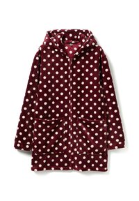 Burgunderfarbene Fleece-Robe mit weißen Punkten, durchgehendem Reißverschluss, Kapuze und zwei Fronttaschen. Weicher Stoff und normale Passform.
